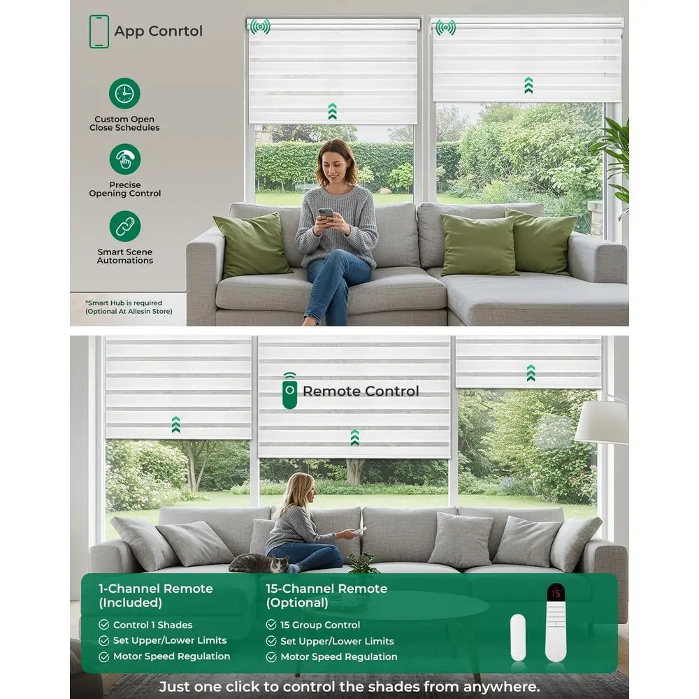 Wireless Dual-Layer Electric Zebra Blinds, Battery-Operated, Light Filtering, White, 27x72