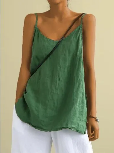 

Women's Summer Cotton Linen Top Spaghetti Strap Top V-neck Sleeveless Loose Women Vest Sexy Sling Blouse Top Female Clothing