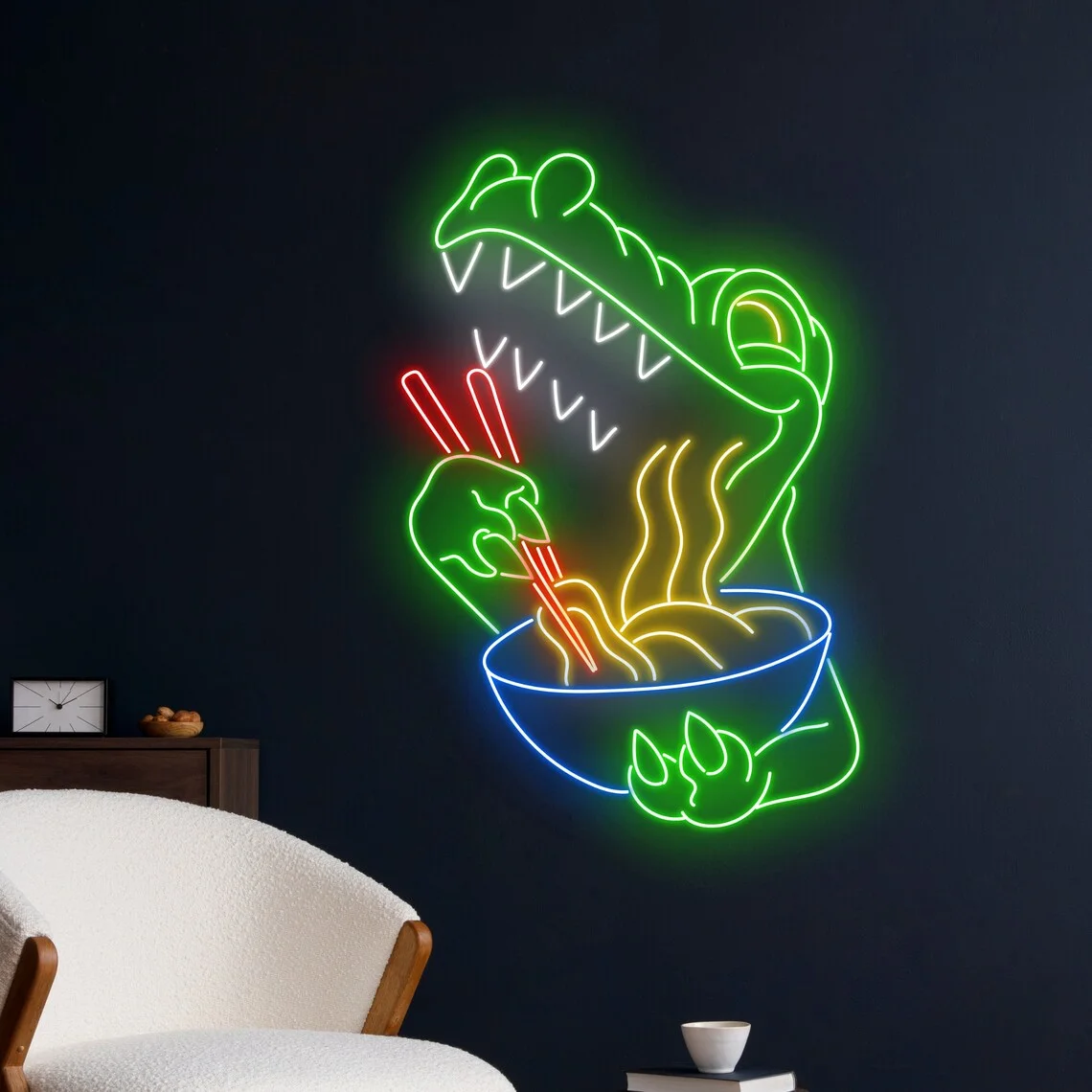 Dinosaur Eating Ramen Neon Sign Animal Sign Noodles Wall Art Decor Food Restaurant Kitchen Bar Beer Sign Wedding Birthday