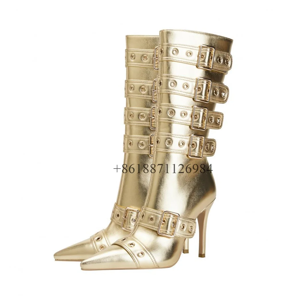 

Gold Mid Calf Pointed Toe Women Boots With Belt Buckle Stiletto Super High Heels Side Zipper Design Large Size Shoes