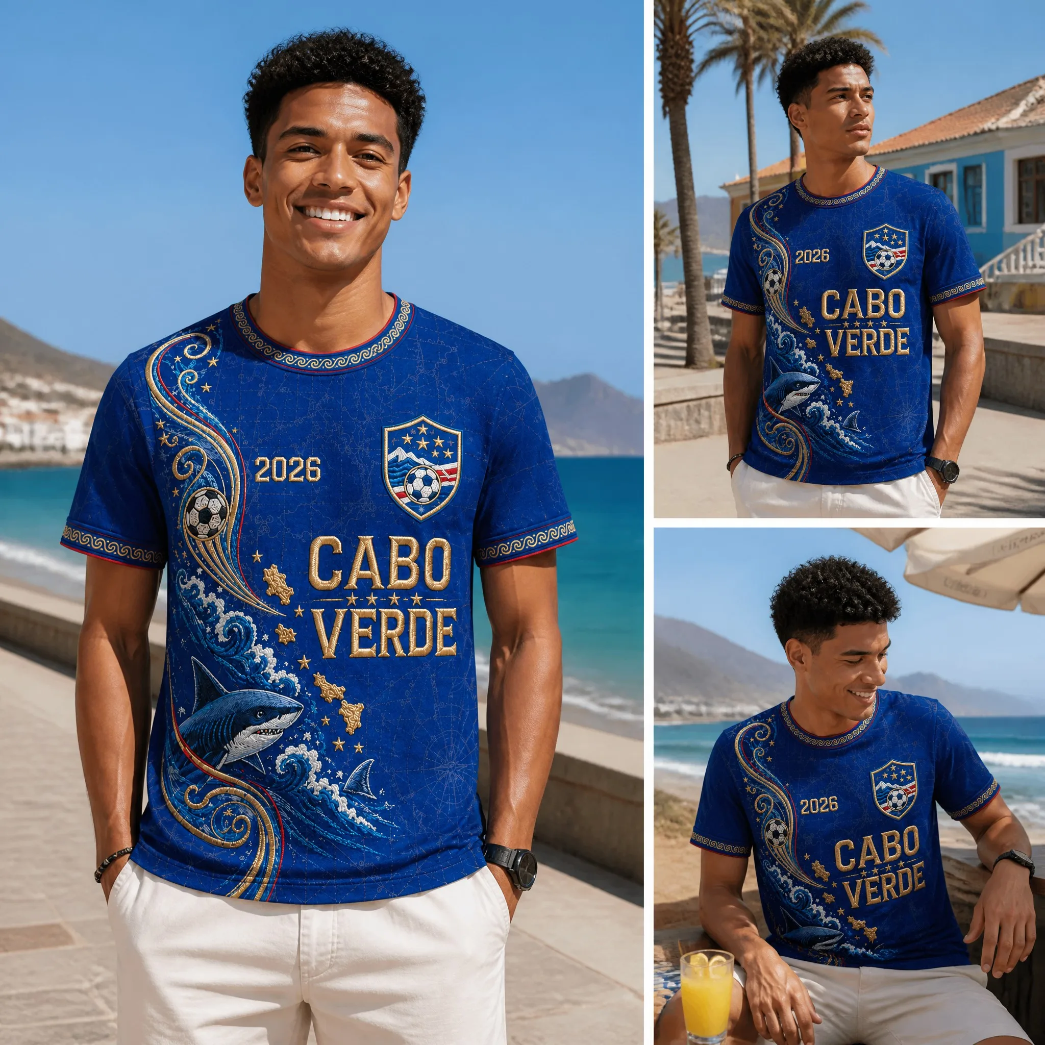 Mens Cabo Verde Crew Neck T Shirt Blue Shark Wave Print Short Sleeve Casual Top Ocean Holiday Summer Style Streetwear Look Beach