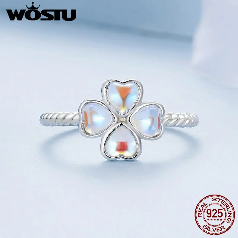 WOSTU 925 Sterling Silver Moonstone Four-Leaf Clover Open Ring For Women Anniversary Date Jewelry Gift Adjustable Size FNR458-E