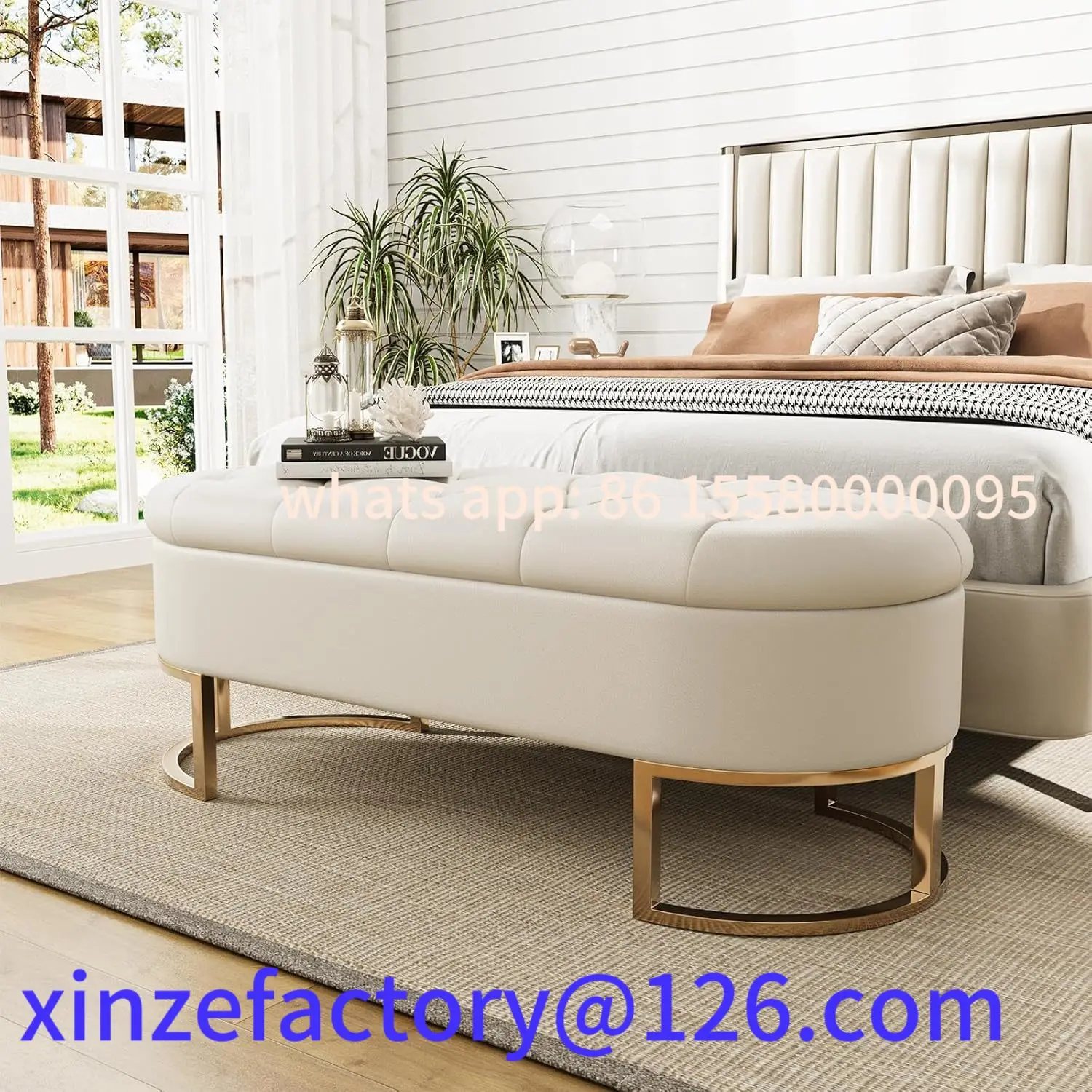 

Customizable Storage Upholstered Leather Long Stool with Metal Legs Modern Storage Bench