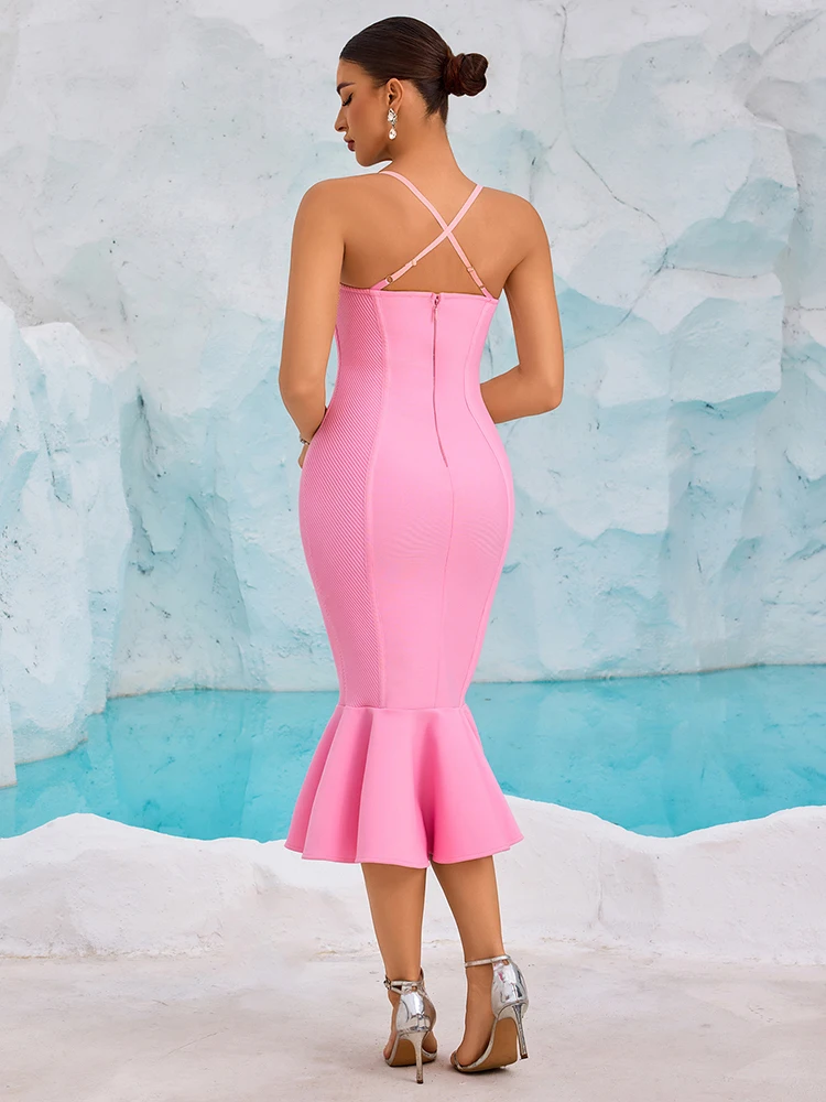 Vestido ajustado rosa con dobladillo acampanado, cuello halter, sin mangas, vestido de fiesta de cóctel, elegante vestido de noche de verano, traje de invitados de boda