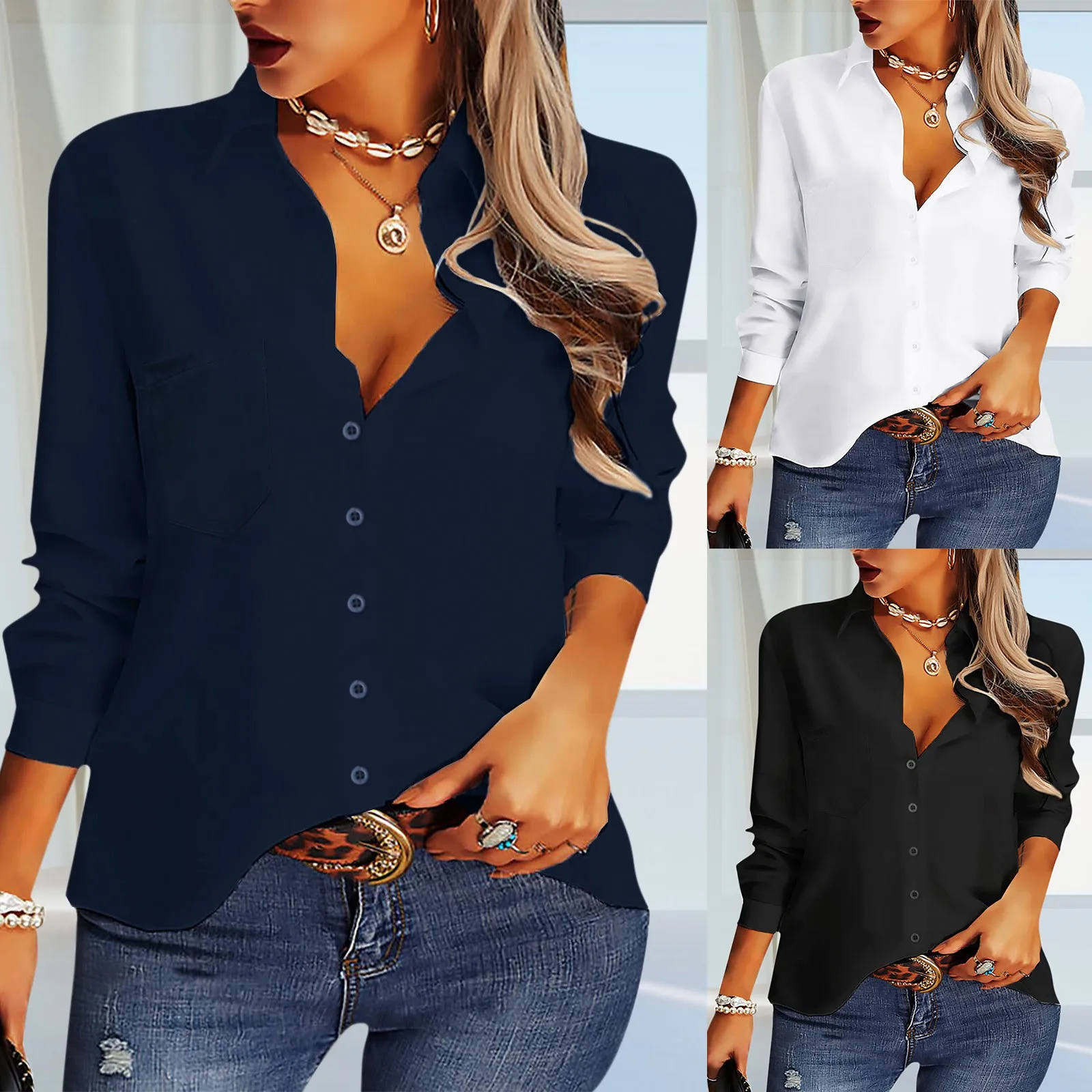 Camisas clásicas de manga larga con botones para mujer, de Color sólido Top con cuello en V, blusas de primavera y verano, ropa de ocio, nueva moda