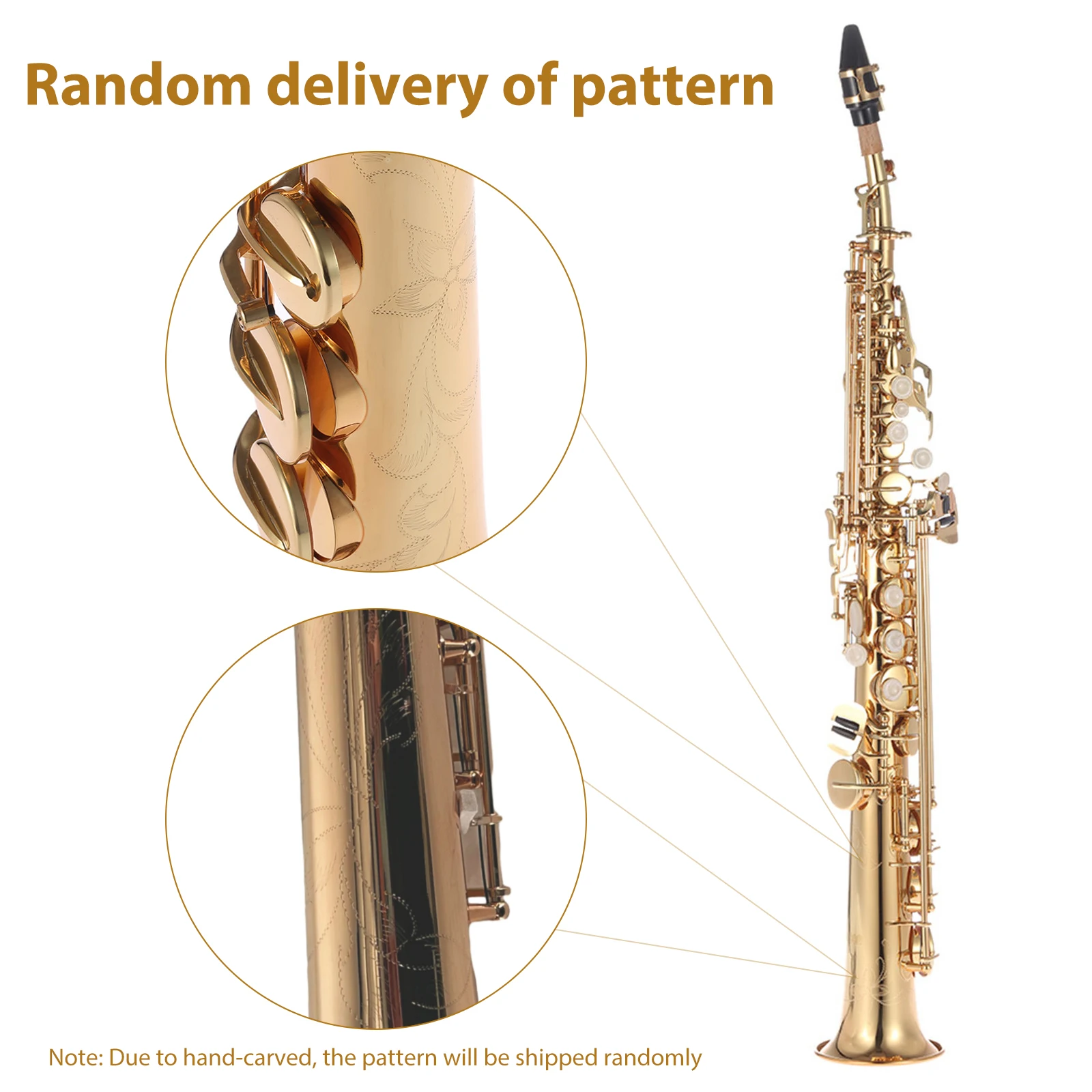 Brass Straight Soprano Sax Saxophone Bb B Flat Woodwind Instrument Natural Shell Key Carve Pattern with Carrying Case Gloves