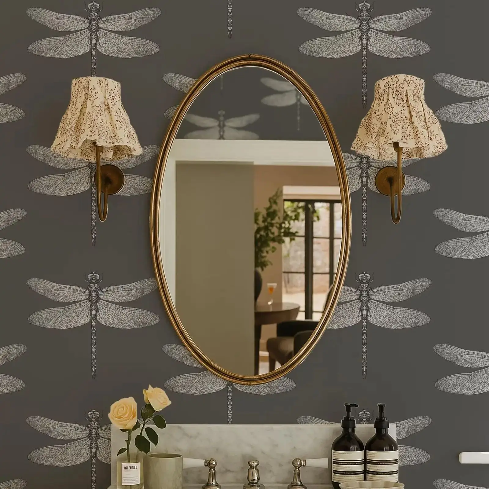 Dark Dragonfly Wallpaper In Gray and White,Peel & Stick Design, Elegant Nature-inspired Wall Cover,Self Adhesive Or Traditional