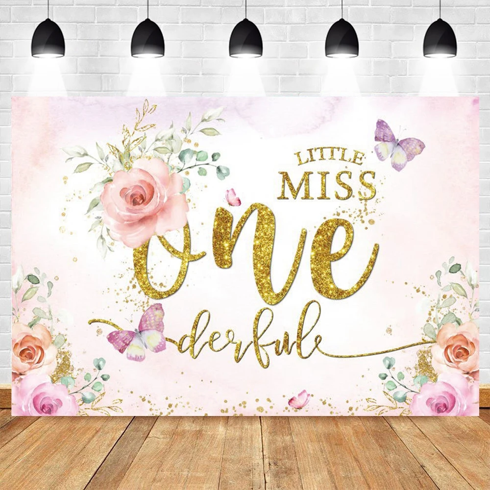 

Newborn Baby Shower Birthday Coustom Party Photography Backdrop One Litter Miss Pink Flower Butterfly Background Photo Studio