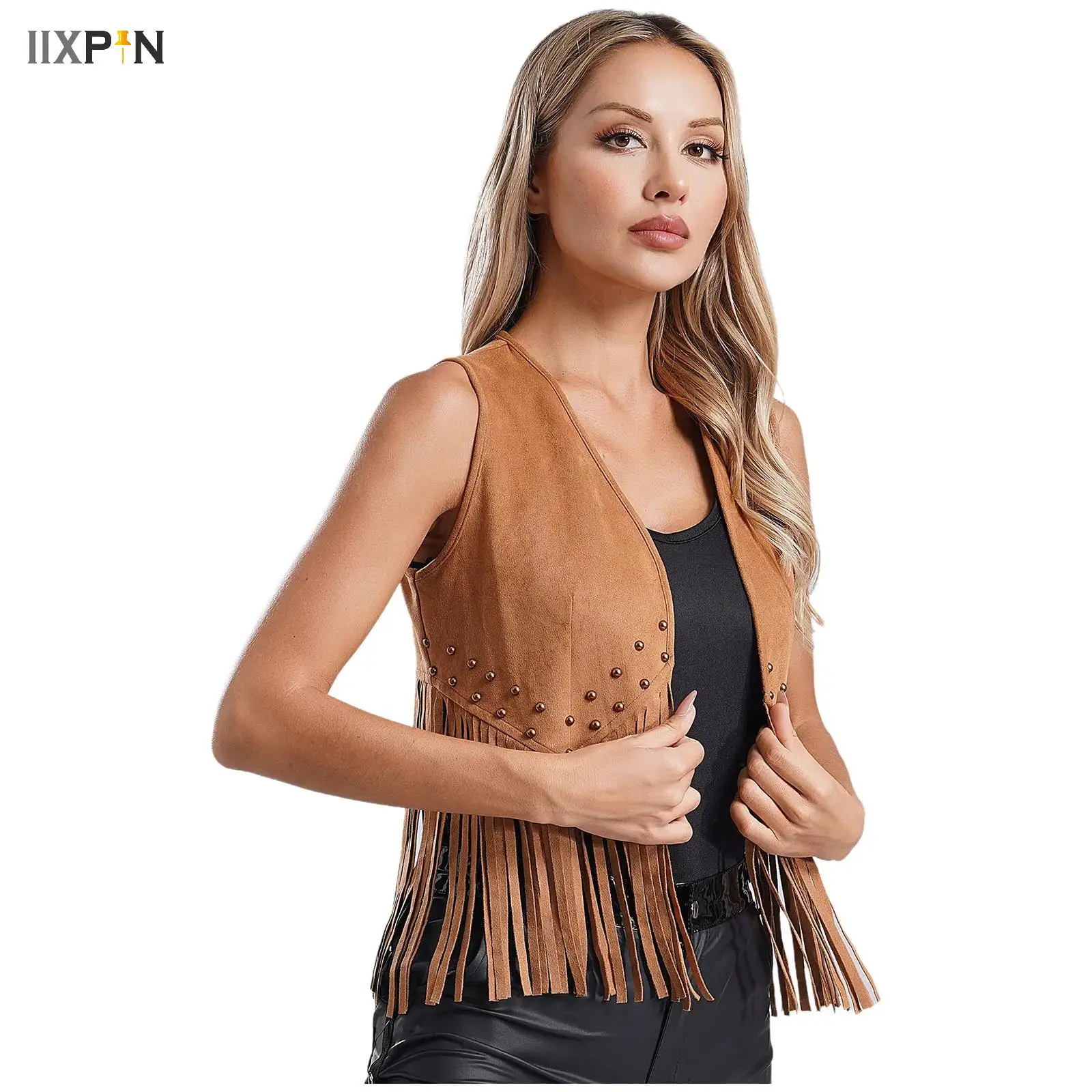 

Womens Cowgirl Waistcoat Tops Vintage Faux Suede Tassel Rivets 70s Disco Hippie Vest Waistcoat Halloween Party Fancy Dress Up