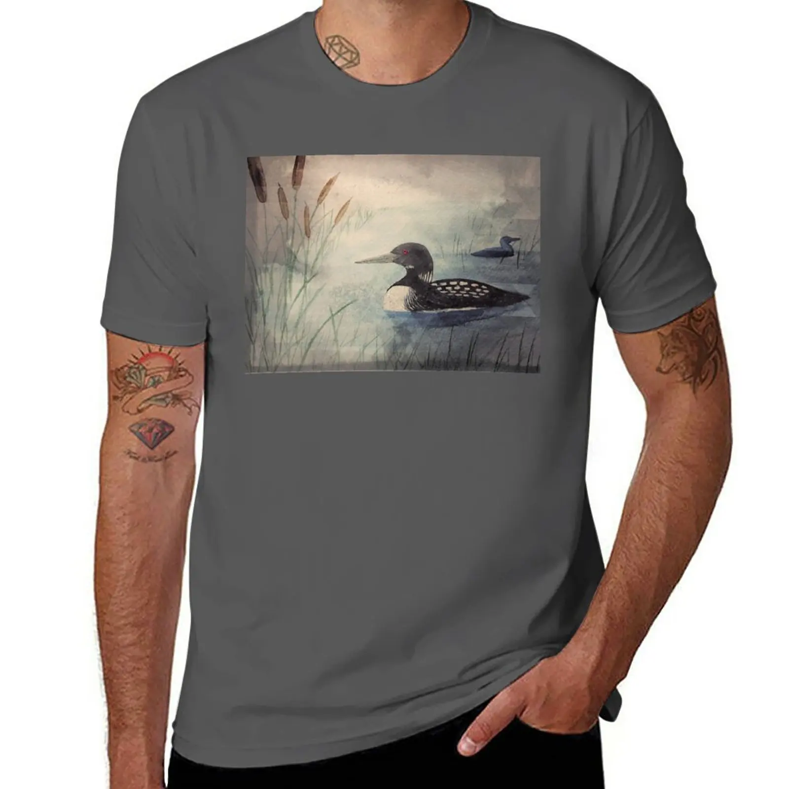 New Loons and Cattails Watercolor T-Shirt summer tops summer clothes T-shirt short tees mens graphic t-shirts anime