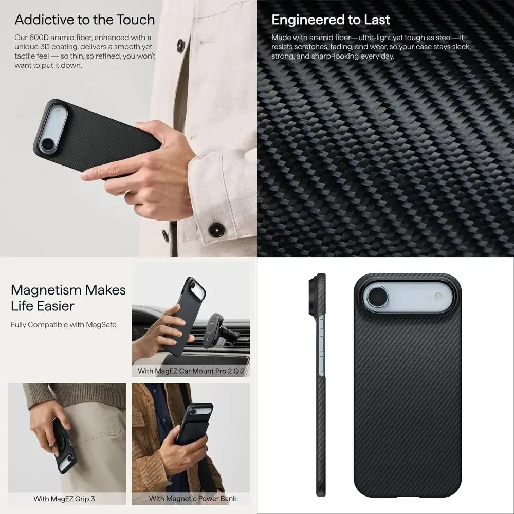 

Чехол для iPhone Air 6,5 дюйма, совместимый с MagSafe, ультратонкий чехол с ощущением касания, тканый из арамидного волокна 600D, черный/G