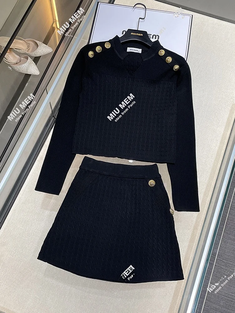 

High-End Women's Knitted ort Top with Button Vintage Sle + Skirt Two-Piece Set Autumn Faion Polyester Fiber Long S...
