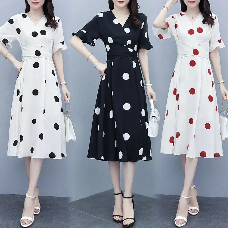Women's Casual Chiffon Party Dress Short Sleeve T Shirt 2025 Summer New Korean Style Office Polka Dot Dresse for Women Clothing