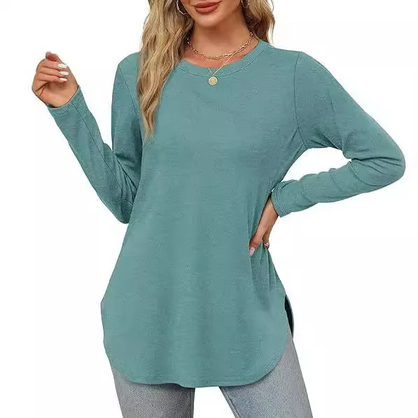 2024 Spring Autumn Women\'s Undershirt Solid Color Long Sleeved Top Round Neck Loose Casual Bottom Shirt Soft Comfy Top Women