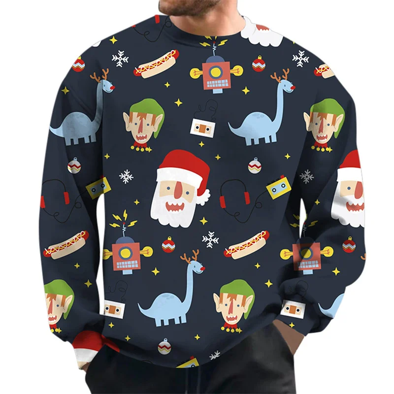 Christmas Tree Pattern Hoodie For Men Santa Claus Dinosaur 3D Print Pullover Autumn Long Sleeve O-Neck Hoodies Loose Sweatshirts