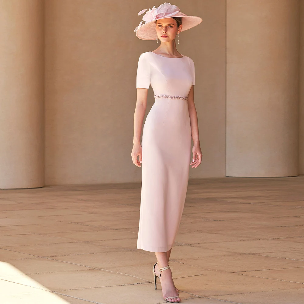 

Pale Pink Mother of the Bride Dress for Weddings Sheath/Column Simple Wedding Guest Gowns Midi O Neck Short Sleeves Party Dress