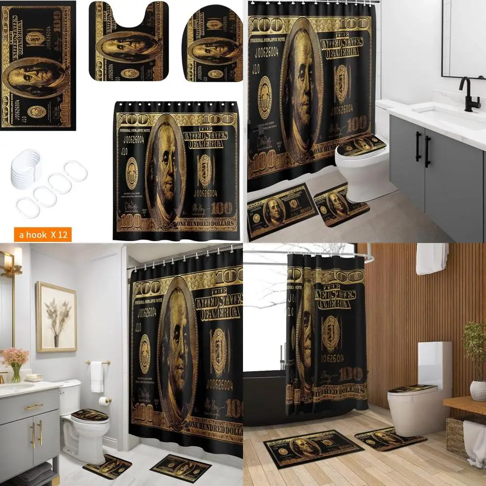 

Luxury 100 Dollar Bill Bathroom Set: Money Shower Curtain & Bill Rugs, 4-Piece Cool Bathroom Accessory Set