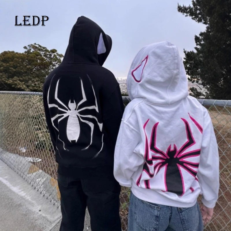 

2025 European American Dark Men's Women's Sports Hoodies Goth Couple Sweet Cool Creative Spider Print Zipper Sweatshirts Ladies