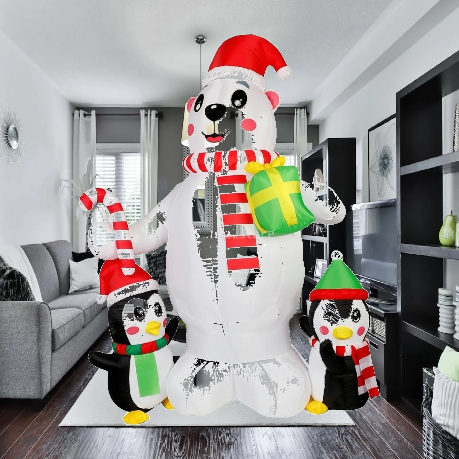 Christmas Inflatable with Arctic Bear and Penguin Giant Inflatable Bear with Penguins Inflatable Yard Decoration Self-Inflating