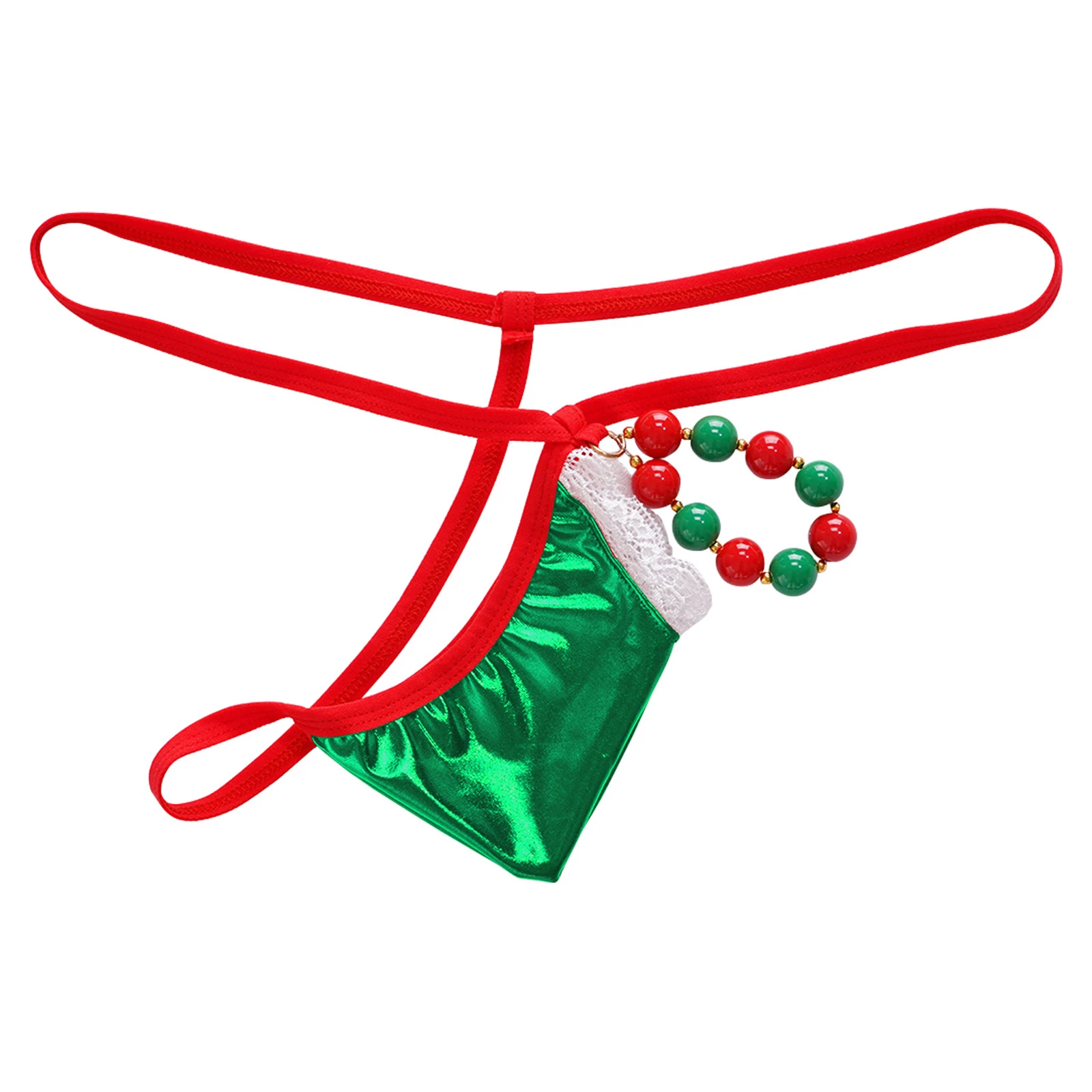 Men Christmas Sexy G-string Low Rise Lace Cutout Metallic Bulge Pouch T-back Thong Xmas Party Couple Game Lingerie Nightwear