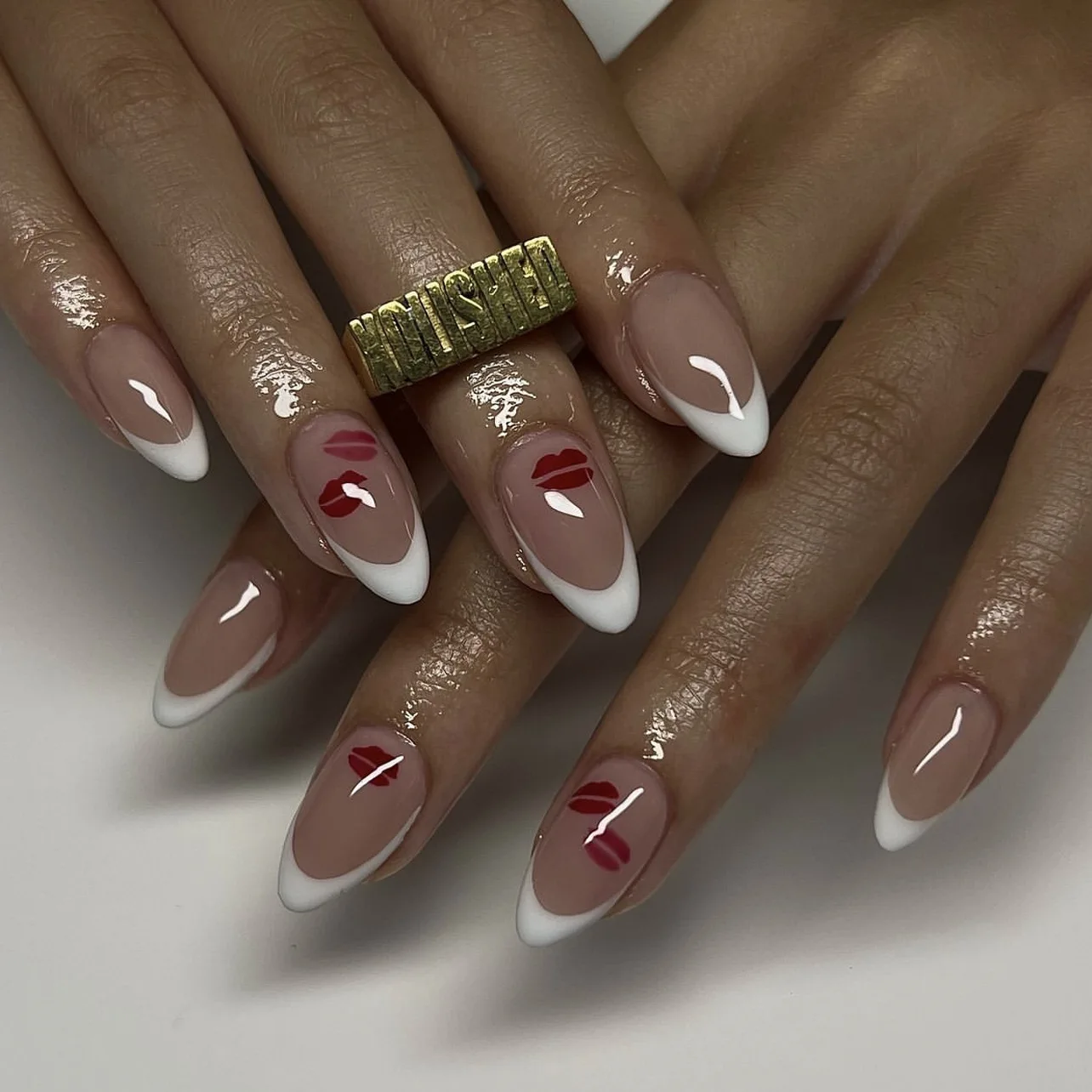 

24pcs Press on Nails Almond French White Edge Red Lip Print Full Coverage Nail Tips for Women&Girls Detachable Wearable Nail
