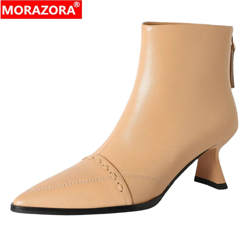 

MORAZORA INS New Genuine Leather Boots Women Back Zip Pointed Toe High Heels Ankle Boots For Women Office Dress Shoes