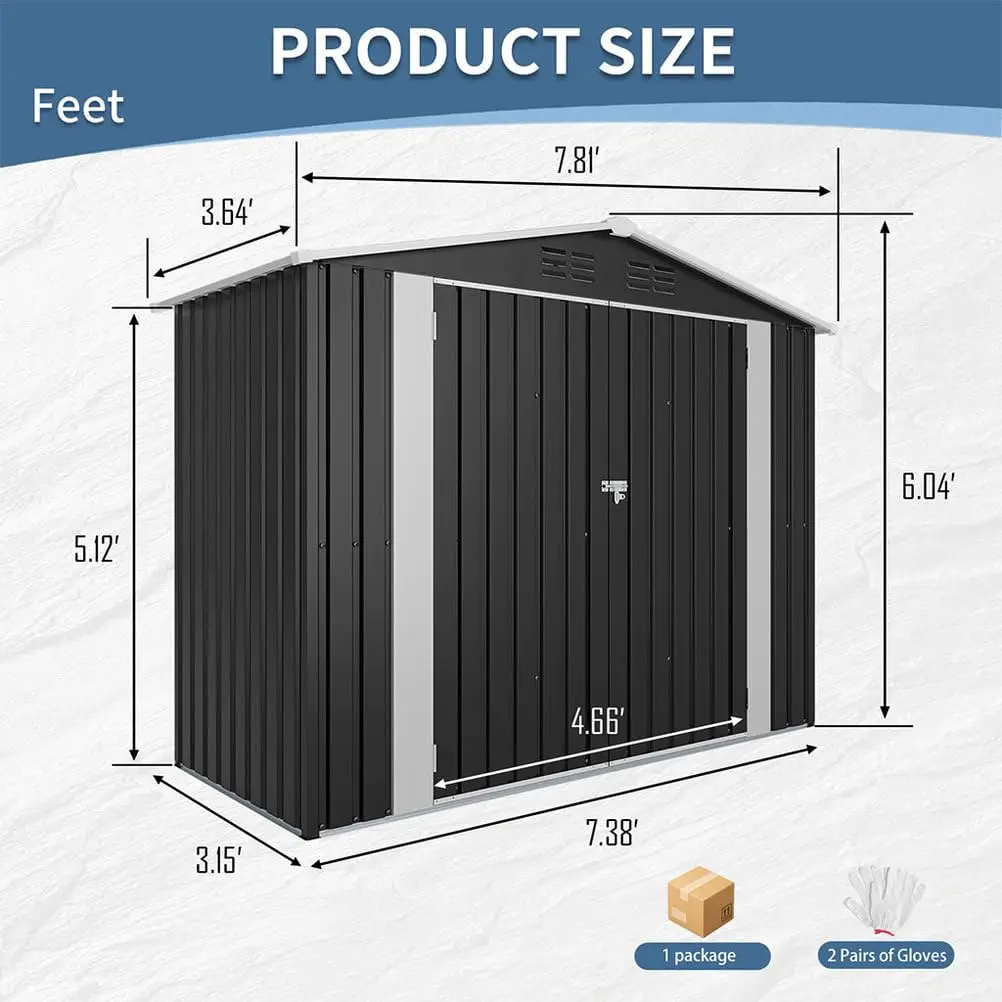 8x4 FT Metal Storage Shed with Lockable Doors, Galvanized Steel Tool Shed with Ventilation for Lawn Mower & Bikes, Customized