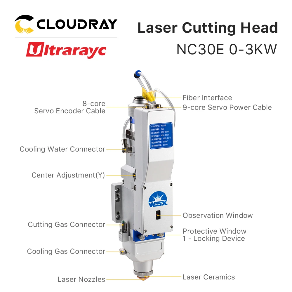 Ulrarayc WSX 0-3KW messa a fuoco automatica NC30E connettore QBH testa di taglio Laser a fibra FL100 FL125 FL150 per il taglio di metalli