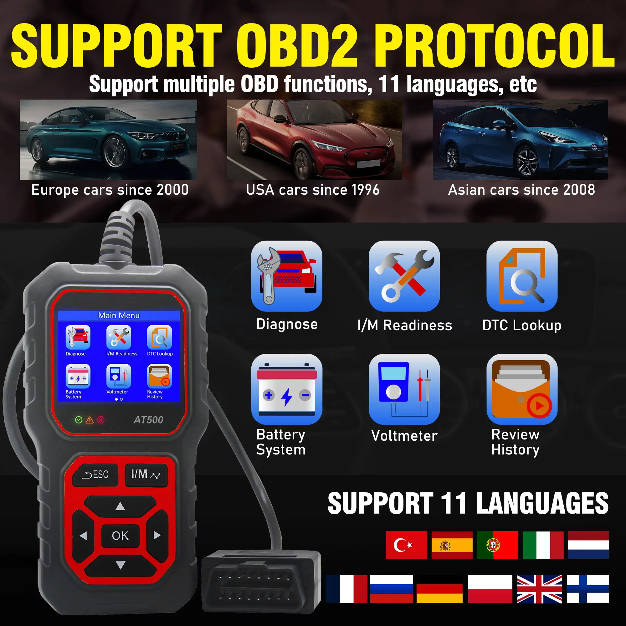 OBD2 Scanner Automotive AT500 Obd Code Reader Diagnostic Tools Read and Display Data For Universal Cars Car Check Engine Tool