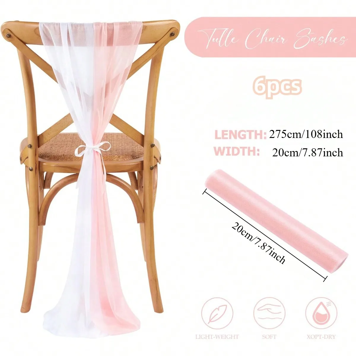 6 Pcs Wedding Chair Sashes Chair Drapes: 108 Inchs White And Blush Chair Covers