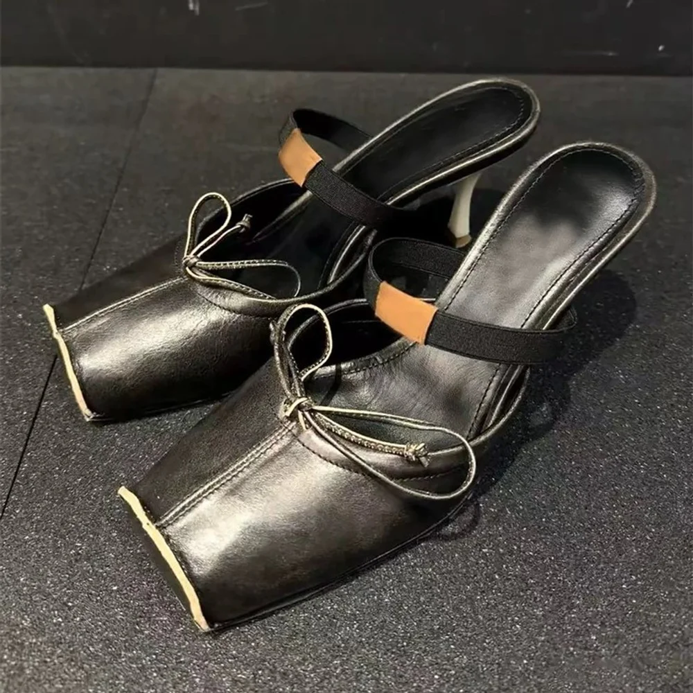 Sheepskin Version Summer New Square Toe Bow One Strap Sandals Women Genuine Leather Korean Thin Heel Closed Toe Dress Footwear