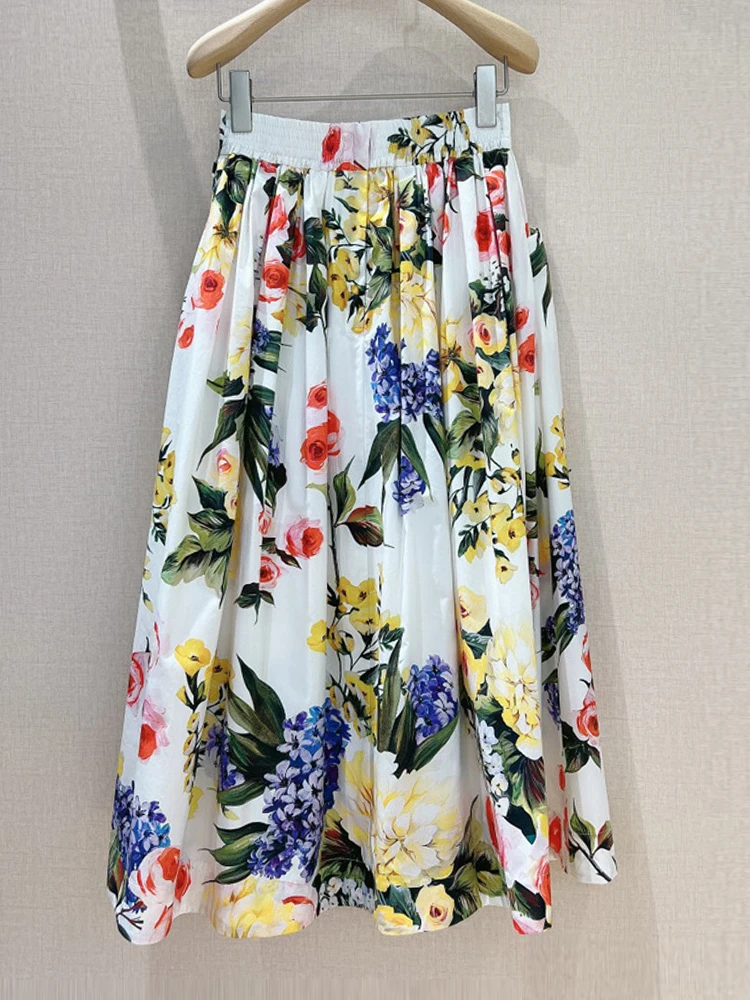 AELESEEN Sicilian Long 100% Cotton Skirt Women Summer High Waist Colorful Flower Print Pocket Single-breasted Elegant Beach