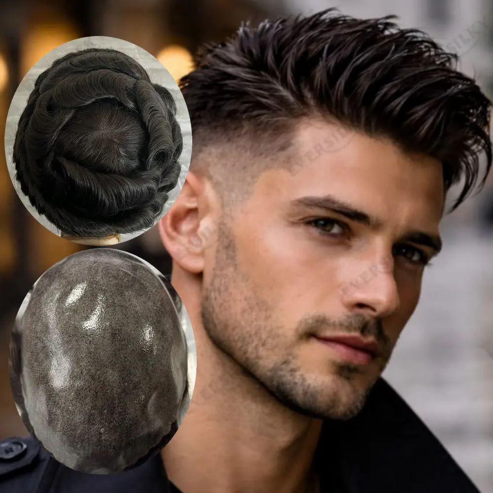 

Мужской серый тонкий парик из ПУ-кожи, незаметная система Microskin, капиллярный протез, накладка из натуральных волос, тупе 1b80 для естественного вида