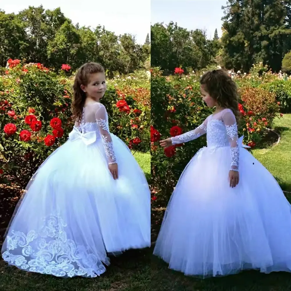 Vestido Elegante de Dama de Honra para Casamento com Apliques, Laço, Mangas Compridas, Bordado, Saia Rodada para Crianças, Festa de Aniversário, Baile de Formatura, Concurso, Comunhão