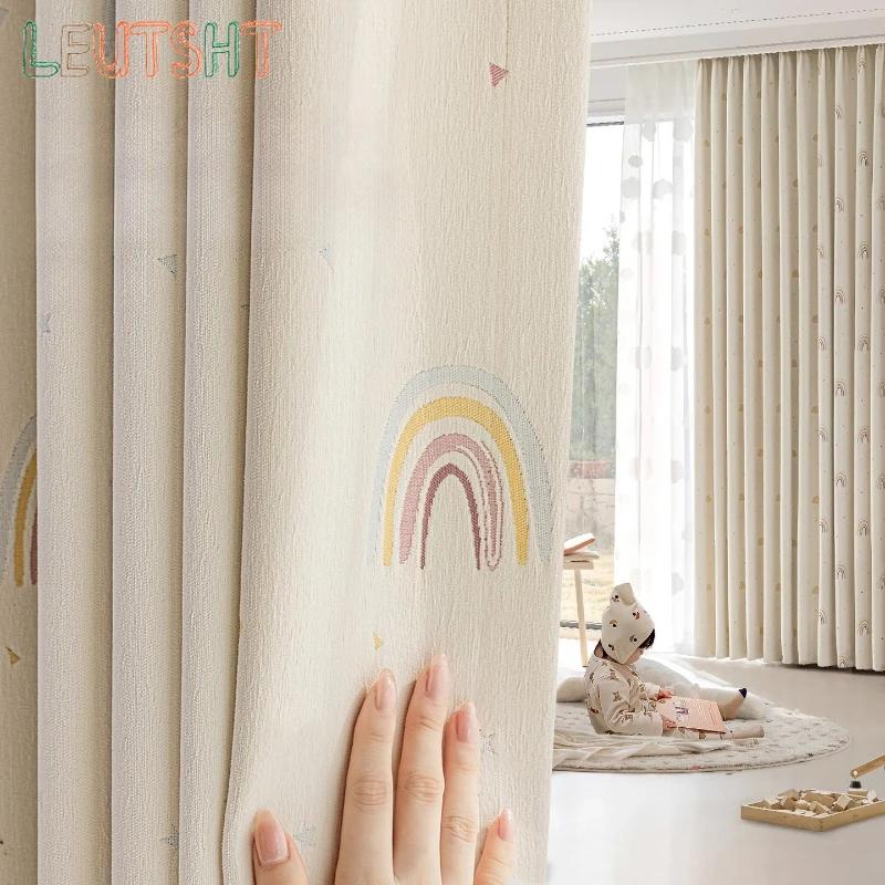 Maßgefertigte Vorhänge für Kinderzimmer Mädchen Cremefarbener Stil Schlafzimmer Erkerfenster Prinzessin Chenille Verdunkelungsvorhänge Regenbogen Wolken Luxus