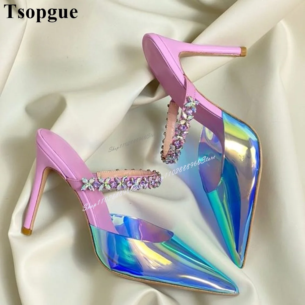 Graceful Mixed Color PVC Crystal Decor Sandals Thin High Heel Women Shoes Slip-On Pointed Toe 2024 Fashion Zapatos Para Mujere