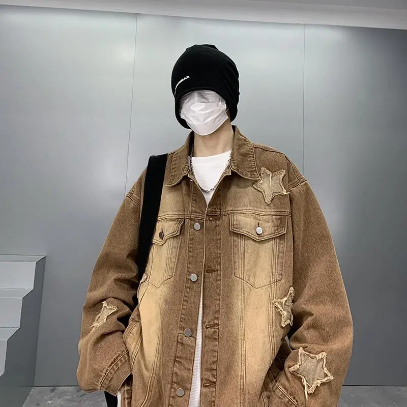 

Мужская джинсовая куртка в стиле ретро, весна-осень, модная брендовая куртка с эффектом потертости и градиентом, уличный стиль, универсальная, из полиэстера