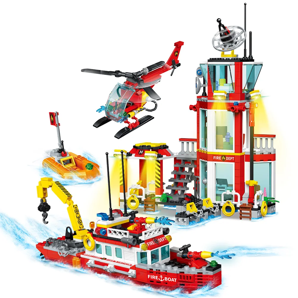 City Oceans Fire Station Blocks Compatible with leg0 Fire Station Set with Fire Station,Fire Helicopter,Fire Ship,Rescue Boat