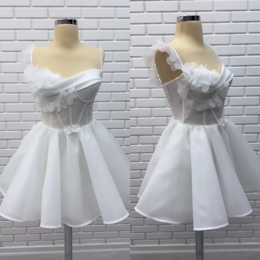 

Customized Exquisite Organza Pearl Pleat Flower A-line Spaghetti Strap Short Dresses Bespoke Occasion Homecoming