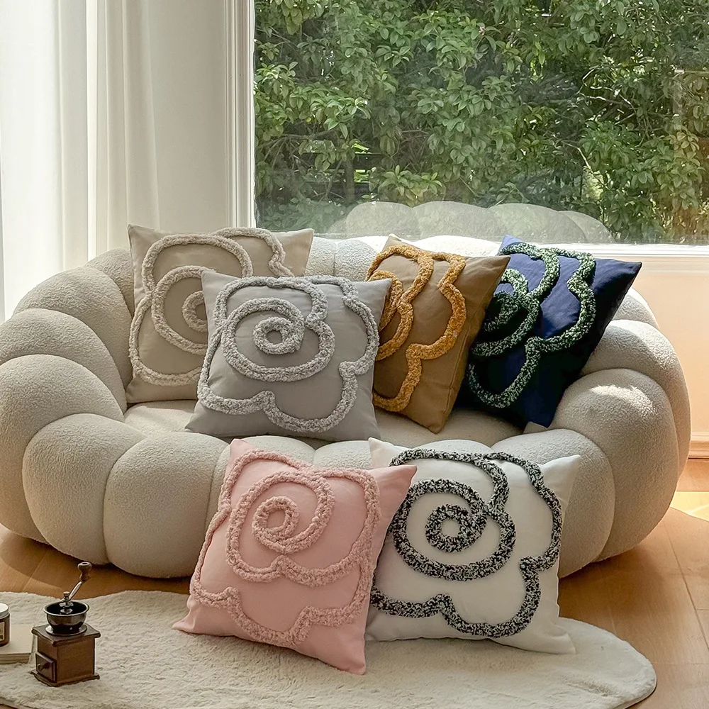 Bohemian flowers embroidered sofa pillow cover rose pillow case cushion cover solid color