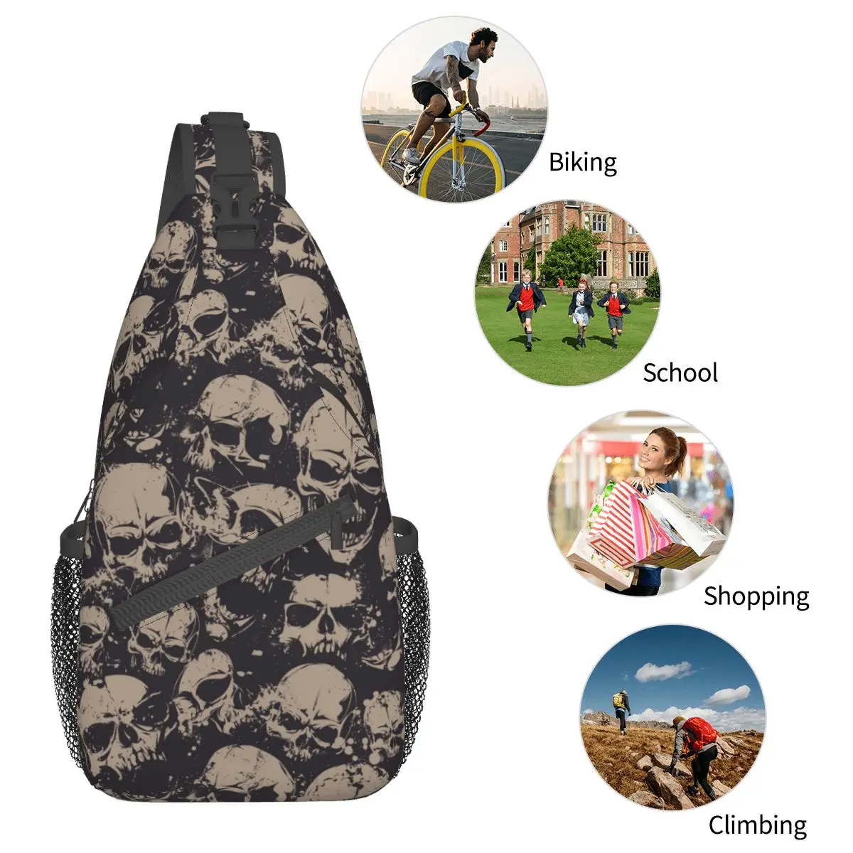 Grunge Pattern With Skulls Rock Sling Bags Chest Crossbody Shoulder Sling Backpack Hiking Travel Daypacks Printed Pack