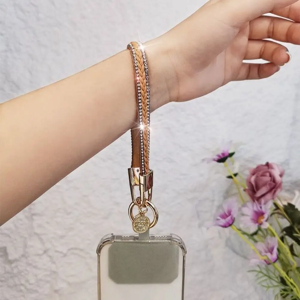 PU Leather Leather Wrist Mobile Phone Lanyard Rhinestone Short Leather Durable Portable Pendant Chain Portable Anti-loss