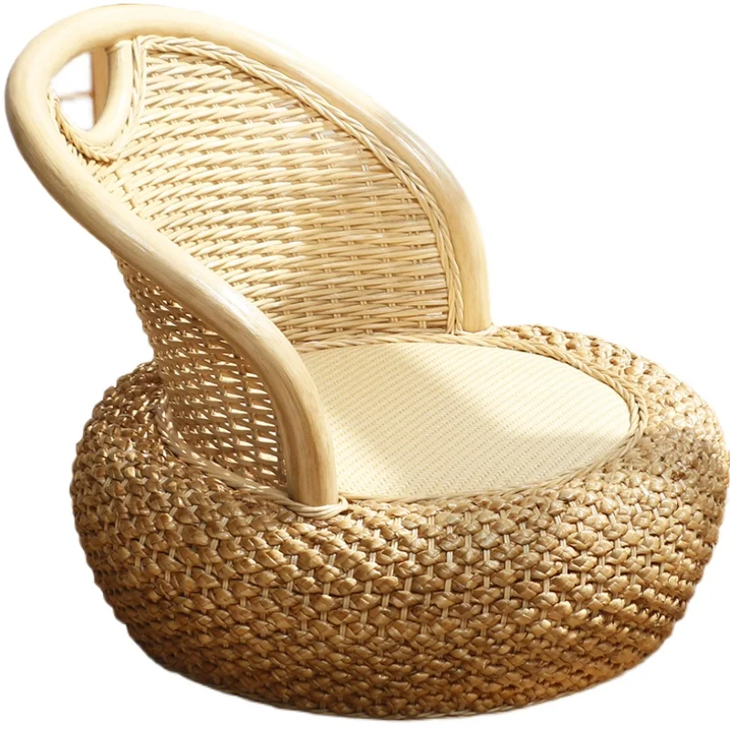Rattan Backrest Chair Compact Low Tatami Seat for Balcony Japanese Style Chair Stylish Coffee Table Woven Sofa for Home