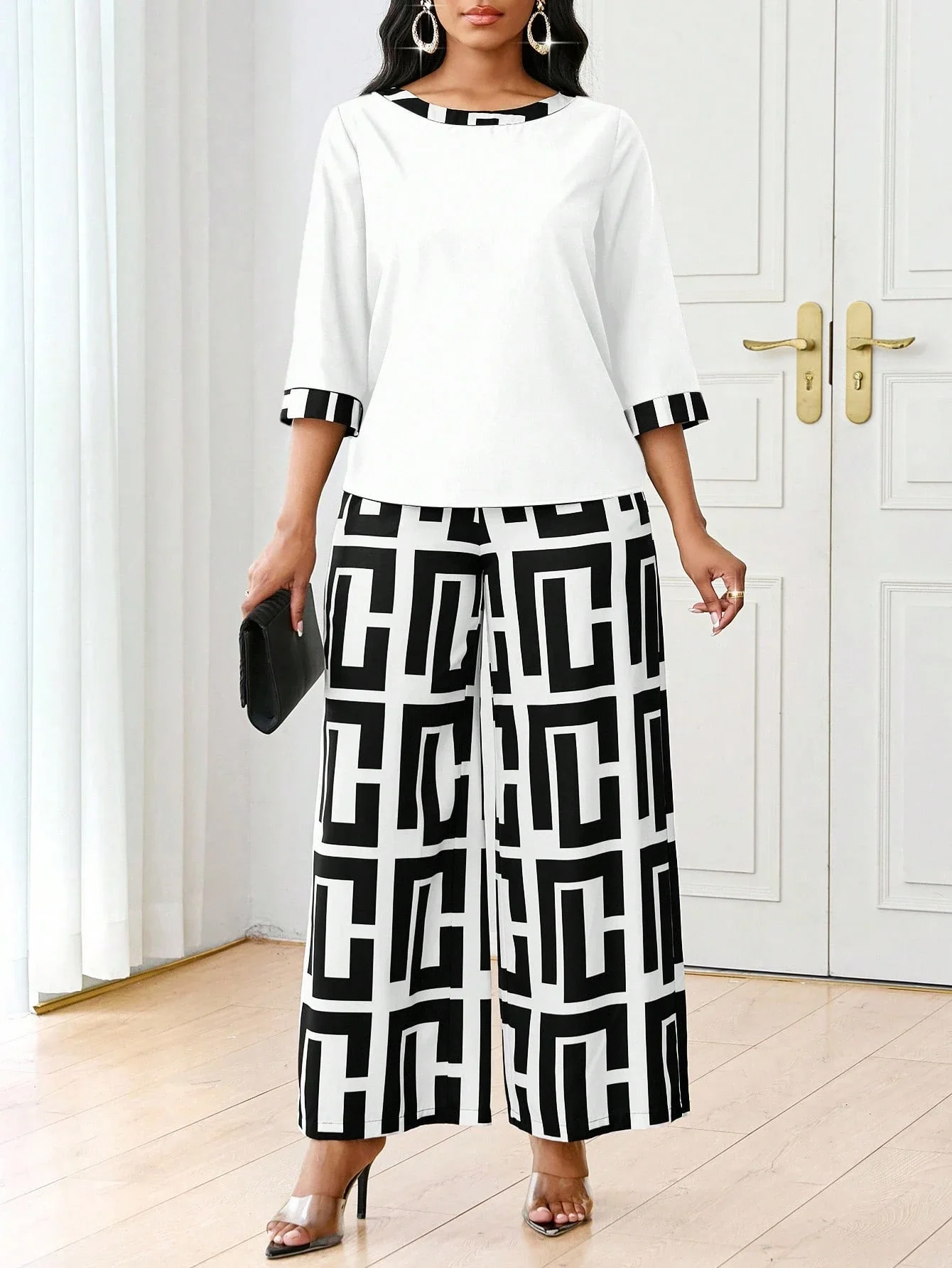 

Women's Casual 3/4 Sleeve Top And Geometric Print Wide Leg Pants 2 Piece Set