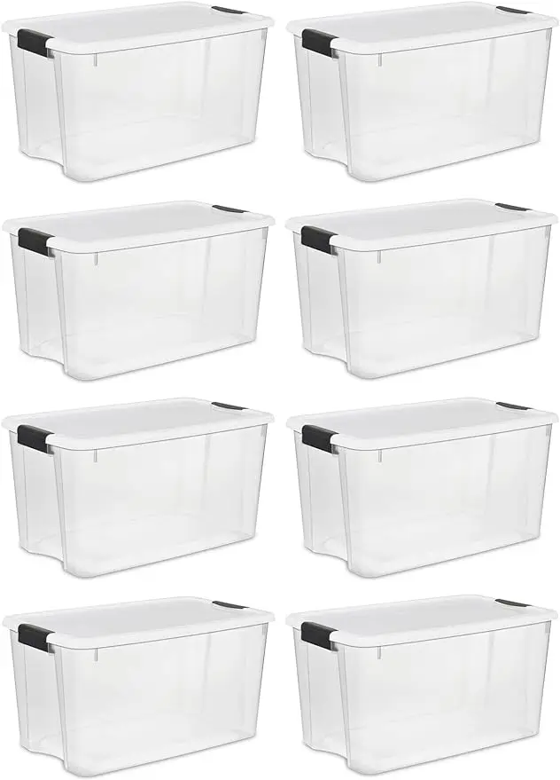 70 Qt Ultra Latch Box, Stackable Storage Bin with Latching Lid, Organize Clothes, Sport Gear in Basement, Clear with W