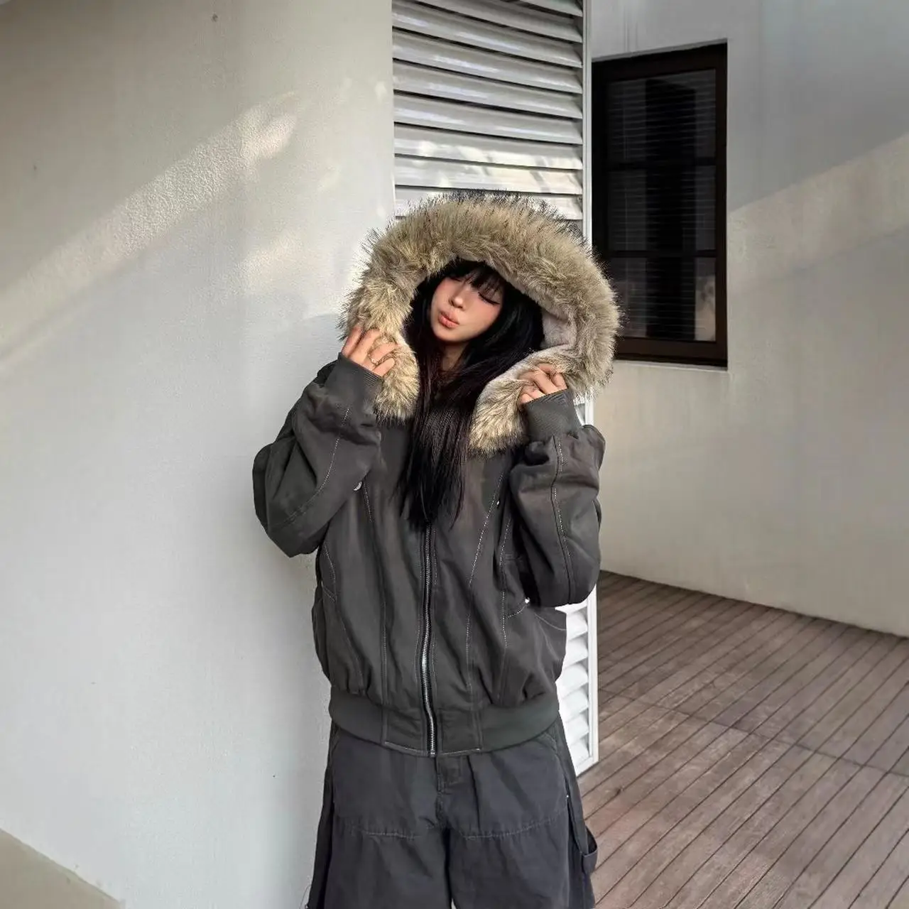 00s fur gimmick down best Y2K swag 裏原 2000s Aesthetic Elegant Jacket Woman Y2k Zipper Hooded Design