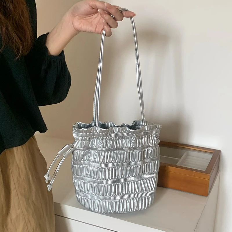 

Silver Pleated Drawstring Shoulder Bucket Bags Women Designer Soft PU Leather Small Handbags Female Casual Purse Underarm Bag