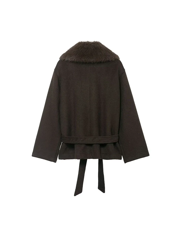 여성 겨울 인조 모피 효과 라펠 긴 소매 싱글 브레스티드 벨트 포켓 장식 코트 재킷 여성 캐주얼 코트