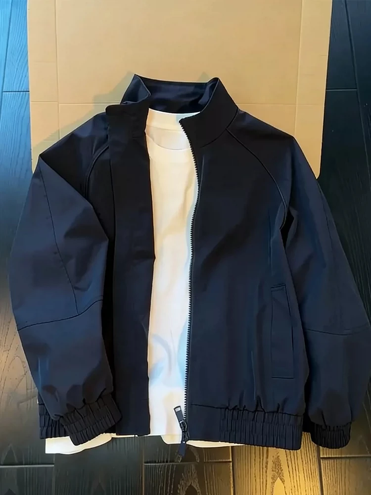 Cleanfit Loose Short Baseball Jacket for Men in Dark Blue Trendy Brand High Sensation Autumn Season Windproof Zipper Closure
