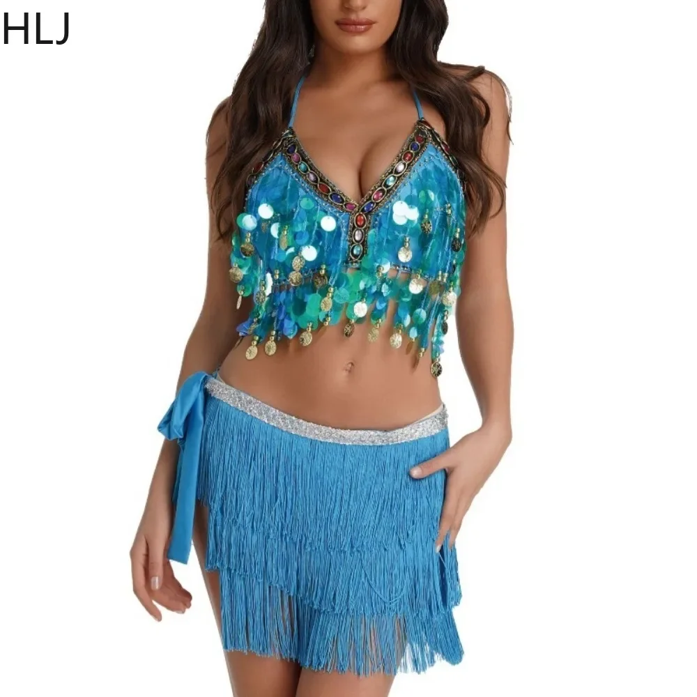 

HLJ Sexy Colorful Sequins Rave Cocktail Two Piece Sets Women V Neck Thin Strap Crop Top + Lace Up Tassels Skirts Outfits Fashion